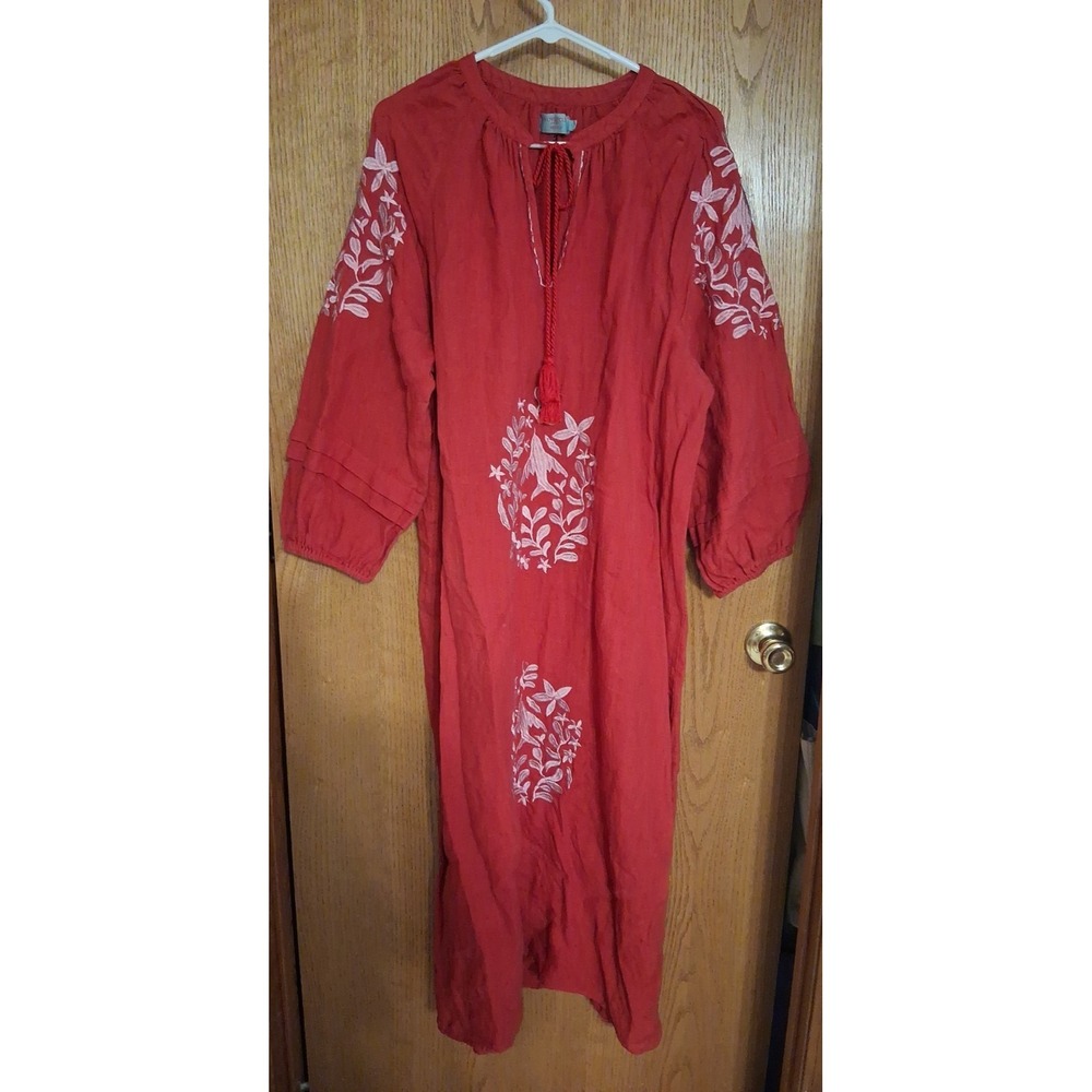 Women's Voyageur by Mersea Red /Pink Linen Embroidered Maxi Dress Size Large